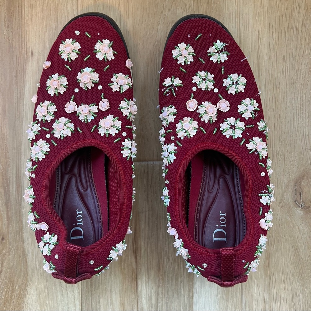 Authentic Dior Burgundy Slip On Sneakers Beaded Floral Design Size 38.5 - Picture 8 of 10